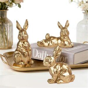 3pcs Gold Bunny Easter Decor,Small Rabbit Figurines for Spring Table Vintage
